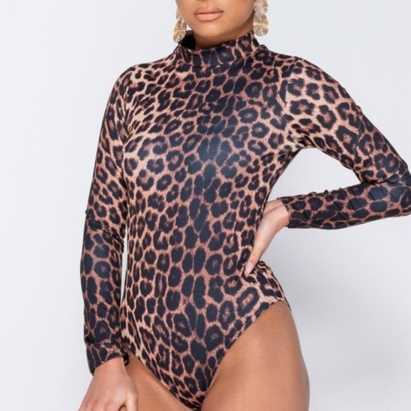 Tops - Leopard Print Animal Print Long Sleeve High Neck Bodycon Bodysuit Top Leotard